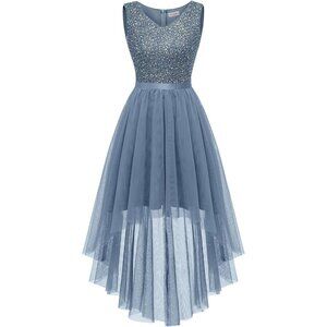 BeryLove Women Tulle Sequin Grey Chiffon Scoop Neck Sleeveless Cocktail Dresses